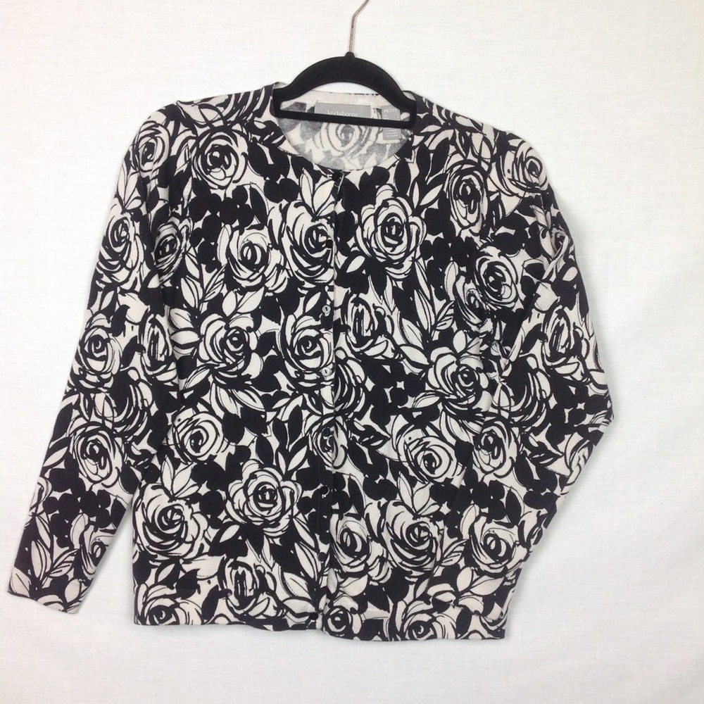 Liz Claiborne Black & White Rose Floral Sweater PL